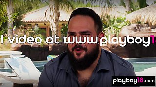 Petite blond and nude GF washing a car