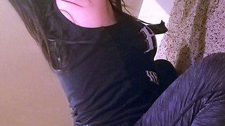 Amateur busty brunette masturbates and does hand job