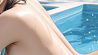 Thai Nude Woman Splashing Playfully in Downpour at Pool Edge
