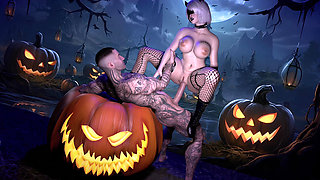 On Halloween, Asian 2b Fucks in the Cemetery with a White Guy in Tattoos