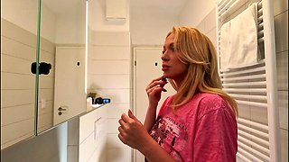 Super hot amazingly beautiful all natural big tits big ass blonde touches her pussy and panties under her skirt in the bathroom