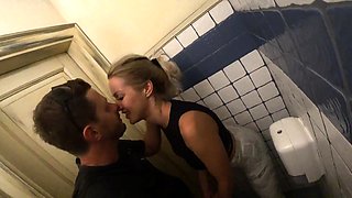 MILF vixen suck cock and gets fucked hard in public toilet