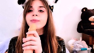 Skinny teen brunette masturbating with toy