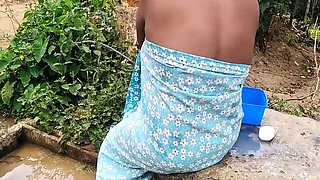 Busty Indian stepmom soaping outdoors