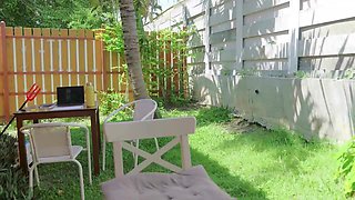 Watch a seductive petite girlfriend tease in the backyard with a hot outdoor fuck