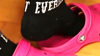 Under Desk Foot Play - Pink Clogs & Worn Socks