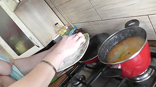 Naked MILF blonde sexy Frina in hot kitchen without panties and bra. Handjob. Masturbation