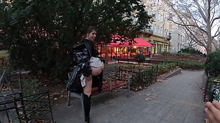 Young dude fucked busty hottie Lady Lyne in public place, a true pro!