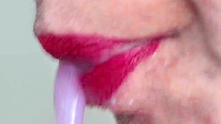Closeup- Desi Bhabhi Condom Blowjob! Cum in Condom with Red Lipstic