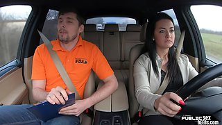 Babe in public car riding cock during erotic driving lesson