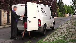 Buttplug babe in stockings fucked in the van by fake priest