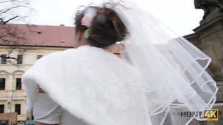 Whorish bride gives a blowjob and gets fucked in front of cuckold groom