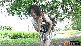 Skinny Japanese Girl Walks with a Toy Inside Her Bush Before Sucking a Man