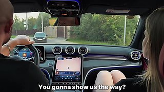 Blonde beauty gets fucked hard by two strangers right outside the car