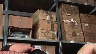 Stockroom Foursome - Platinum Blonde in Fishnets and Busty Brunette in Glasses Take Two Cocks