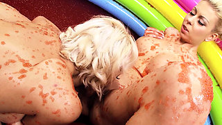 Lesb Pool_scene_3_blonde Lesbians in Bikinis Reach Orgasm While Having Sex in a Jelly Pool
