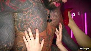 Slut in Crimson Pantyhose Gives a BJ and Tongues Jism