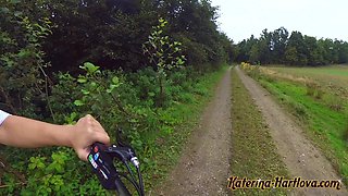Go with Me on the Bike View on My Naked Bouncing Boobs and Fast Masturbate in Forest and Back