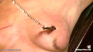 Busty blonde tormented in threesome
