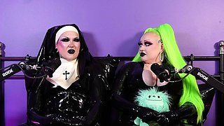 Latex mask lesbian babes have strapon sex