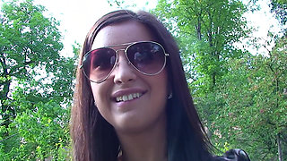 Sexy Brunette Teen Kattye Flashing Boobs and Pussy at the Park