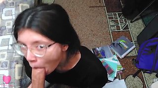 Nerdy Girl with Glasses Gives Passionate Sloppy Blowjob While Doing Homework