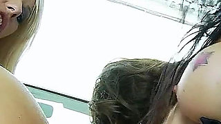 Lesbian Group Sex in Car Wash with Toys and Big Tits