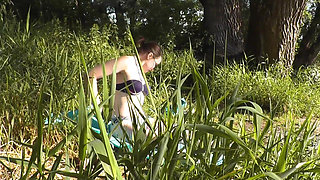 Bitch teen sunbathing private beach naked pussy masturbation doggy style satisfying herself without toys