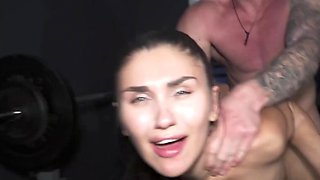Brunette cutie gets her pussy ripped by a tough big cock guy