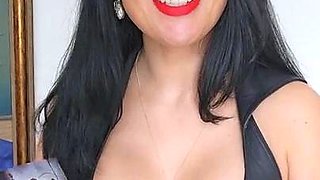 Busty curly brunette with big boobs fucks on couch