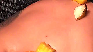 My Roommate's Sweet Craving: Fruit Served Over My Abs.