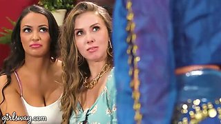 Big-Titted Lena Paul and Her Lesbian Pal Fulfill Fantasies with Busty Genie Angela White