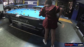 Curvy bottom Thai GF plays pool and blowjobs