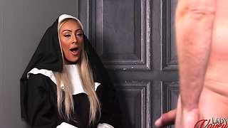 Chubby Jess Nova wearing nylon stockings teasing her neighbor