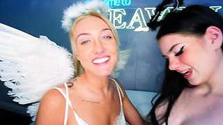 Blonde and brunette lesbians stripping and making out