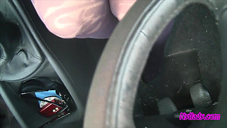 Nyllady's Footjob to Gearshift and Wheel in Patterned Pantyhose