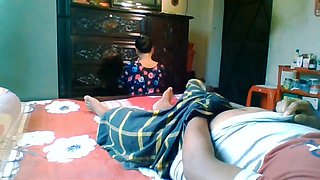 Desi housewife gives a handjob while cleaning the furniture
