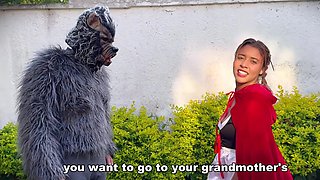Angry wolf fucks little red riding hood with small tits in the forest in her sweet mouth