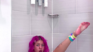 Teen Whore Squirts in Bathtub Bwc Dildo Buttplug Pink Hair Slut Masturbates Riding Cock
