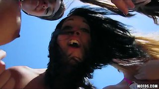 Gang of bathing suit beach babes go to the hotel for an gangbang