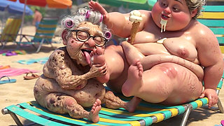 Elderly Granny Passionately Sucking BBW Feet on the Beach