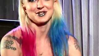 Blonde girl likes harsh bang-out with candy sticks