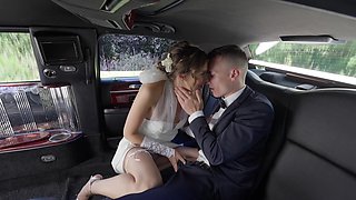 Aroused bride fucks with the limo driver on the backseat