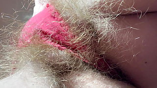 Red panties and super hairy pussy amateur