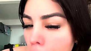 Busty curly brunette with big boobs fucks on couch