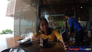 Cute Thai teenage eats cake and rides knob